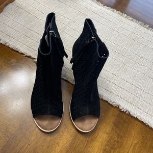 Toms Majorca Black Suede Open Toe Bootie Heels Side Zip 7.5